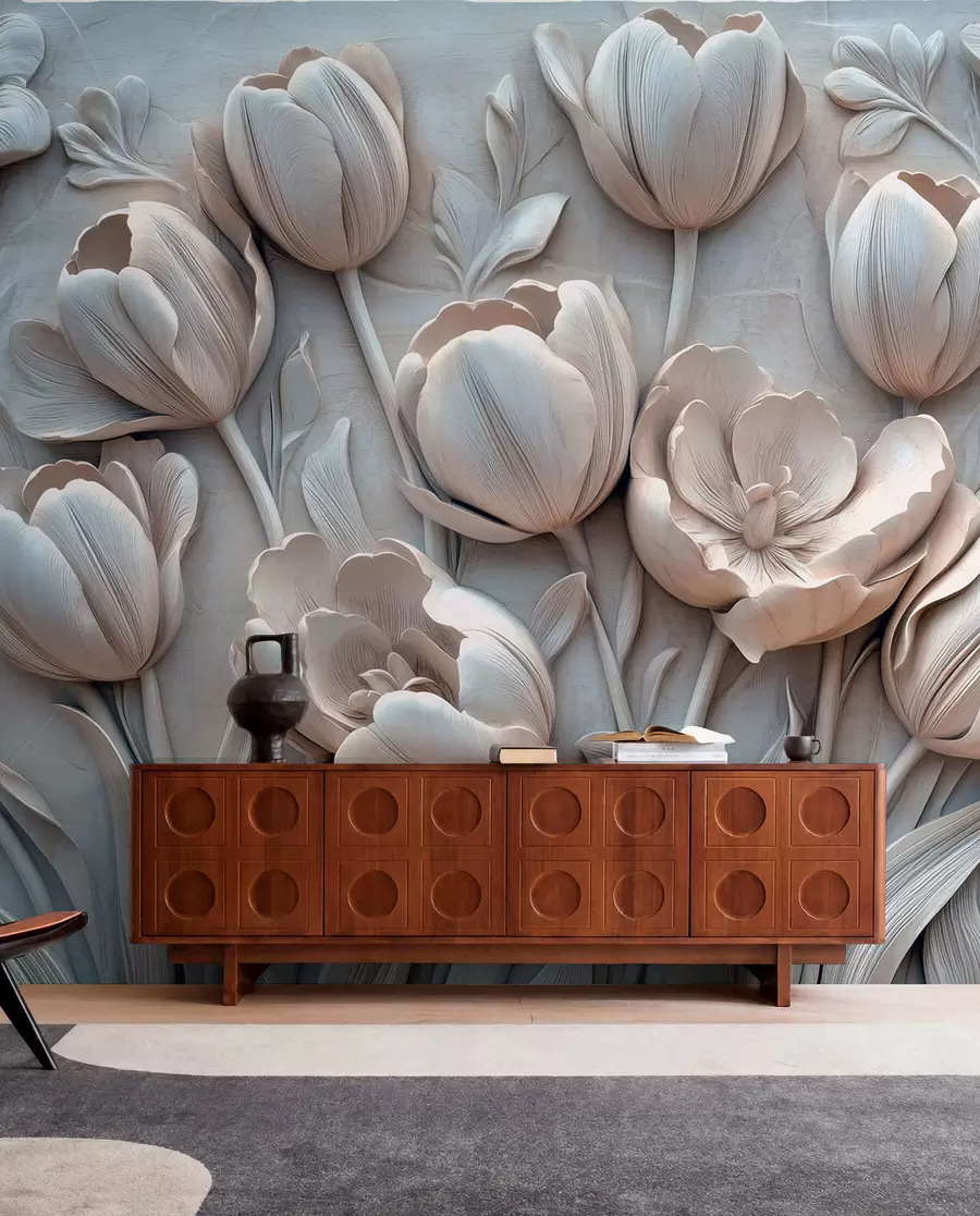 wall murals 3Д цветна уметност са грациозним лалама у сивој боји w01851v1