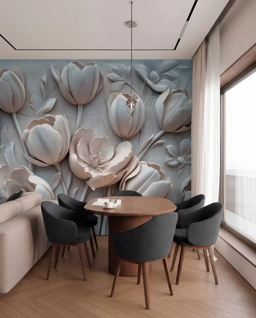 wall murals 3Д цветна уметност са грациозним лалама у сивој боји w01851v1