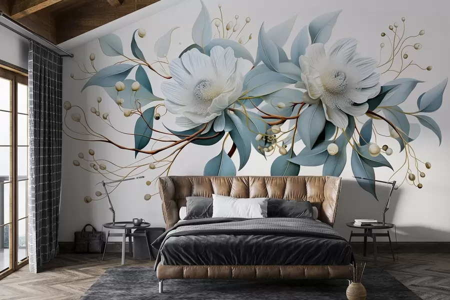 wall murals Прекрасно акрилно цвеће са листовима и бобицама, реализам w01887