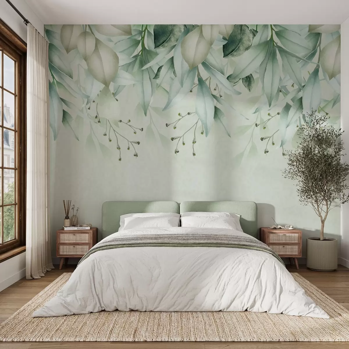 wall murals Зелено лишће и гранчице које висе одозго w01927