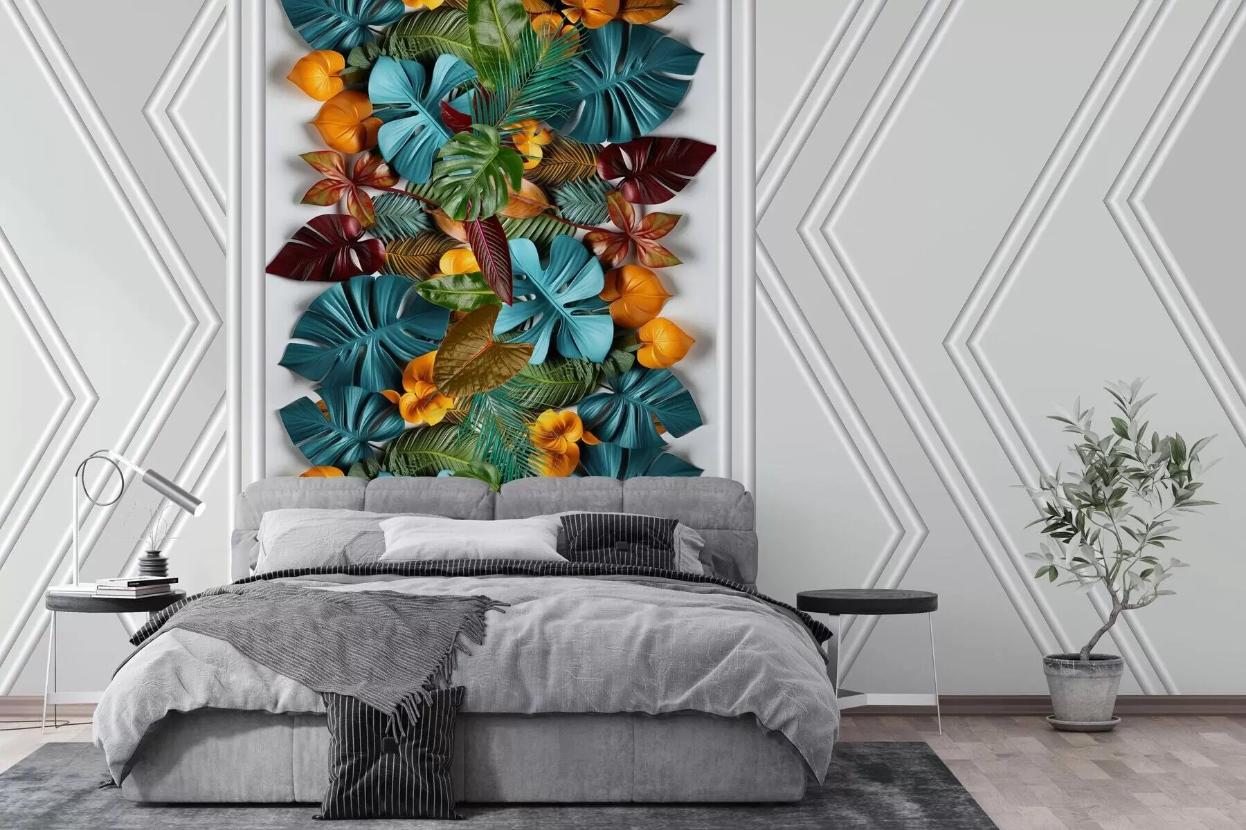 wall murals 3Д тапета са разнобојним тропским листовима и геометријом на сивој позадини w01876
