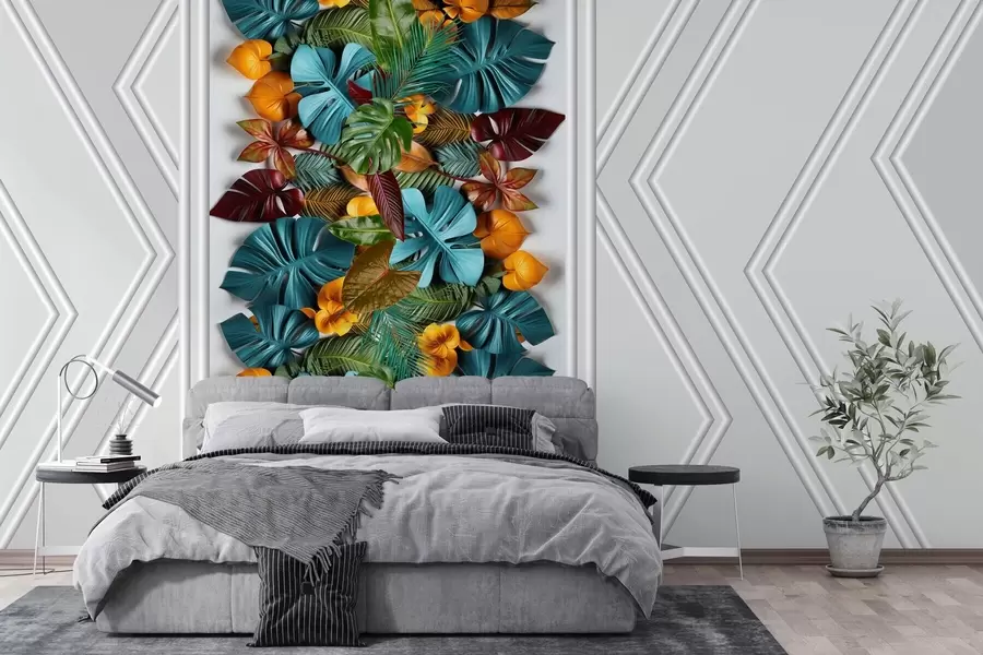 wall murals 3Д тапета са разнобојним тропским листовима и геометријом на сивој позадини w01876
