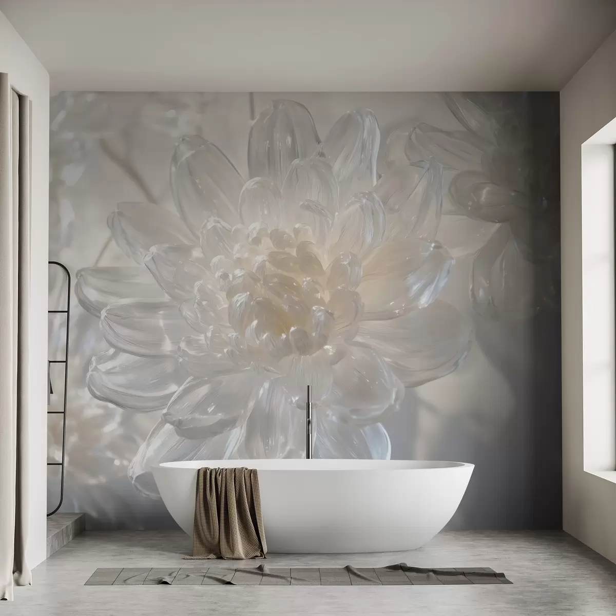 wall murals Стаклене дивље хризантеме обасјане белом светлошћу, деликатан и прозрачан цветни аранжман w01935