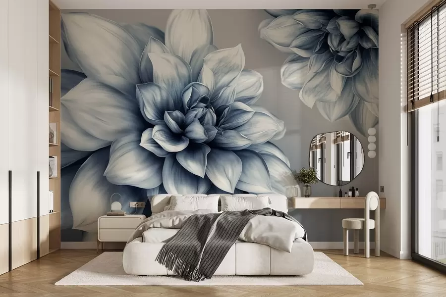 wall murals Обимно цвеће са много латица, изведено у градацијама сивих и плавих тонова w01937