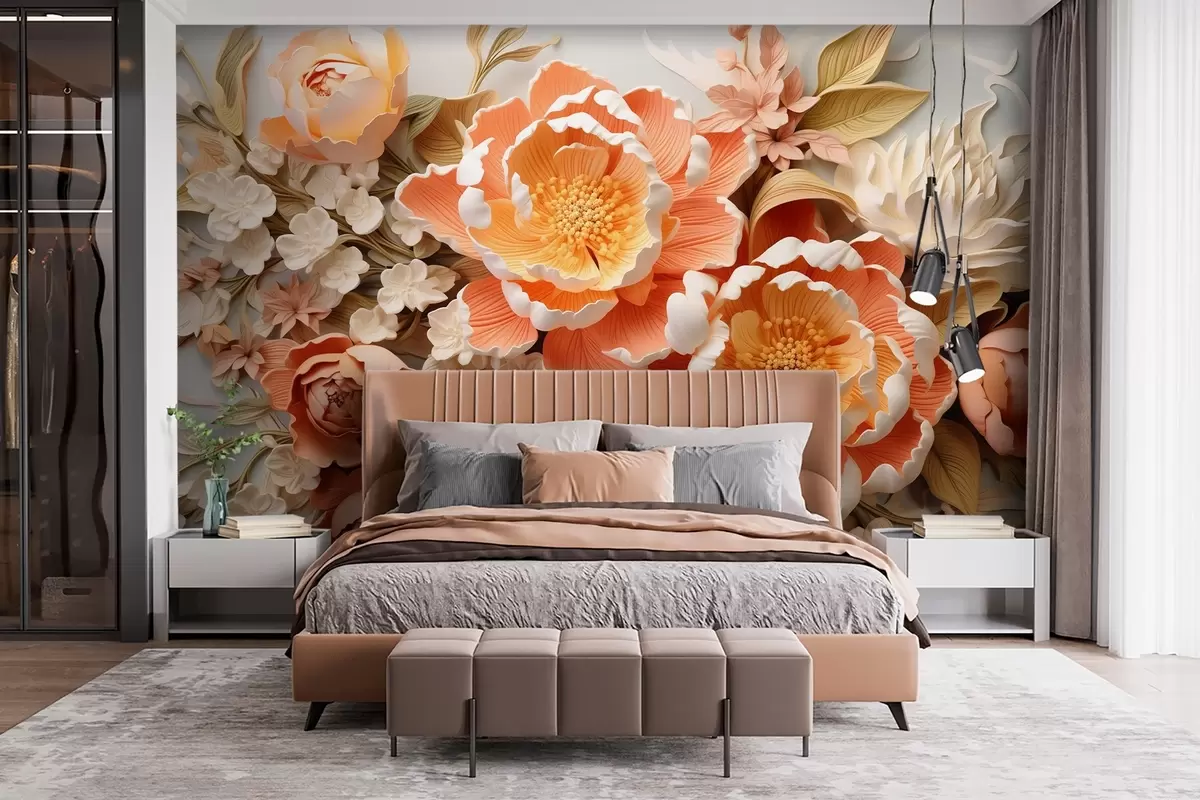 wall murals 3Д цветни аранжман у тоновима брескве са божурима и ружама у рококо стилу w01939