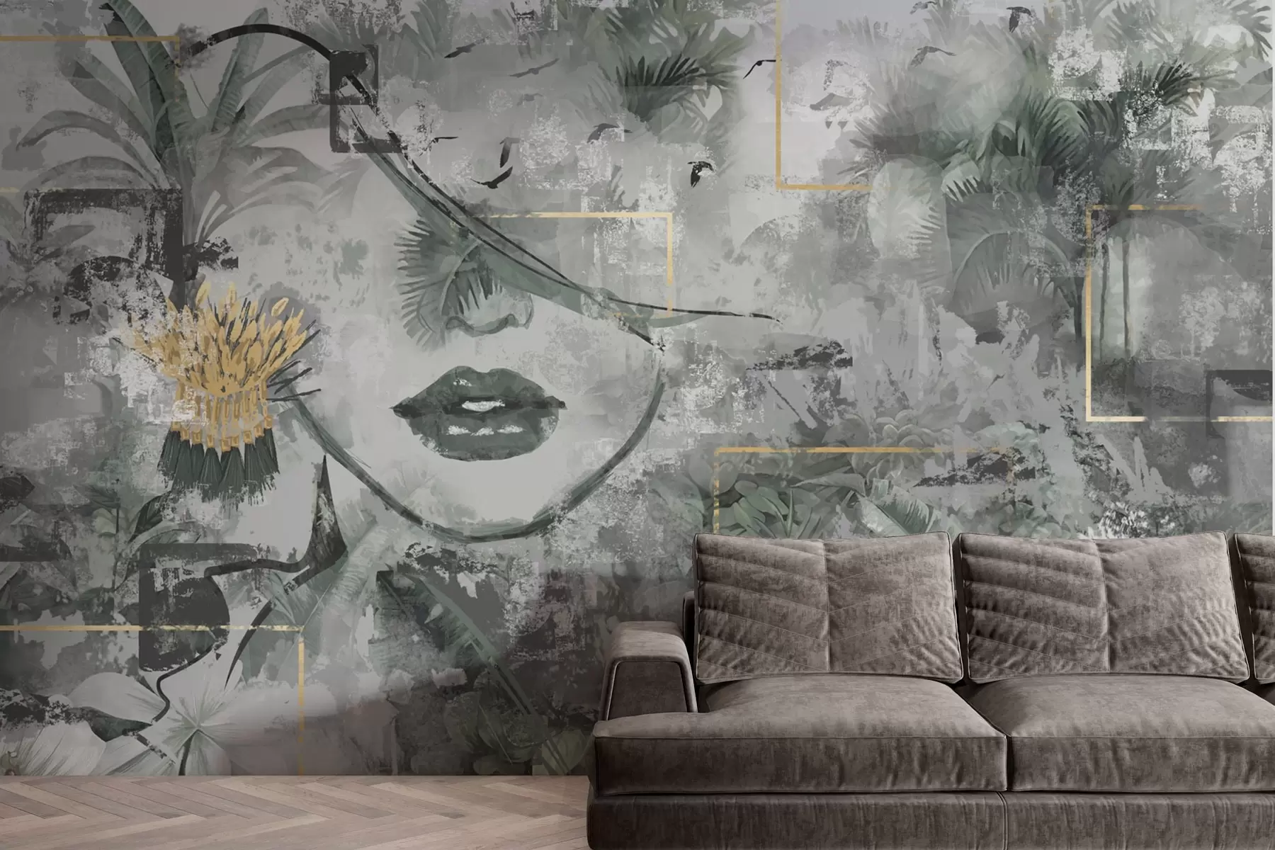 wall murals Грунге прашума и силуета девојачког лица w01916