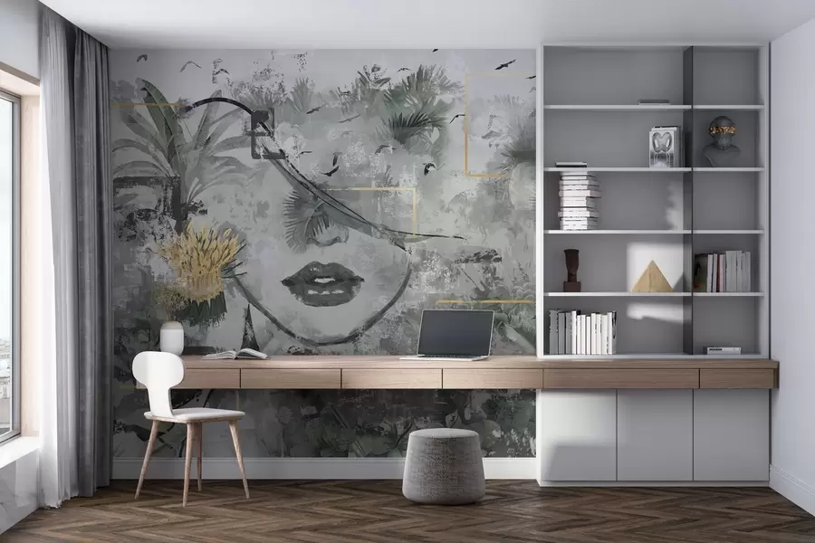 wall murals Грунге прашума и силуета девојачког лица w01916d1
