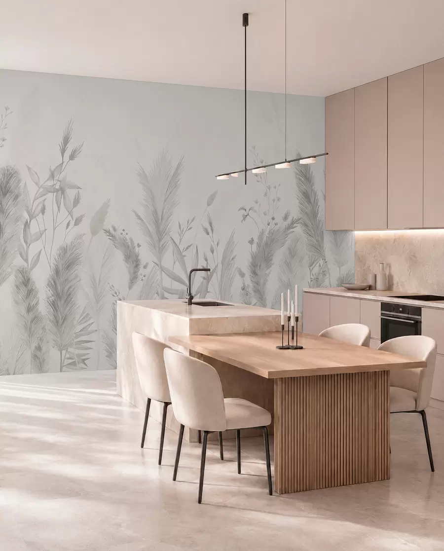 wall murals Високе пољске траве и цвеће у неутралним бојама w02004