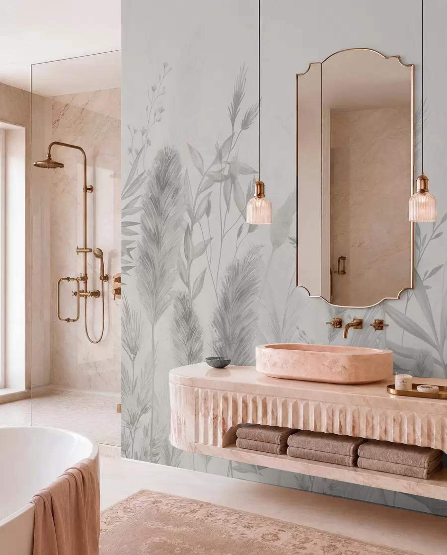 wall murals Високе пољске траве и цвеће у неутралним бојама w02004