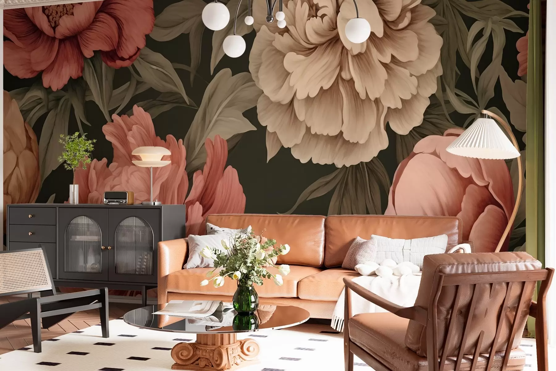 wall murals Величанствени божури на тамној позадини у ретро стилу w01978