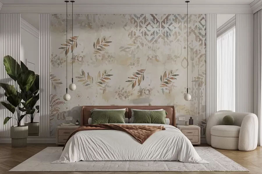 wall murals Тапете у ретро стилу са шарама, елементима абразије, мрља и листова, у беж бојама w01955