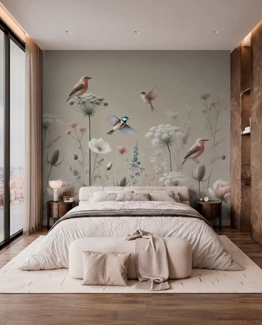 wall murals Livadske ptice u nežnoj bež w01958