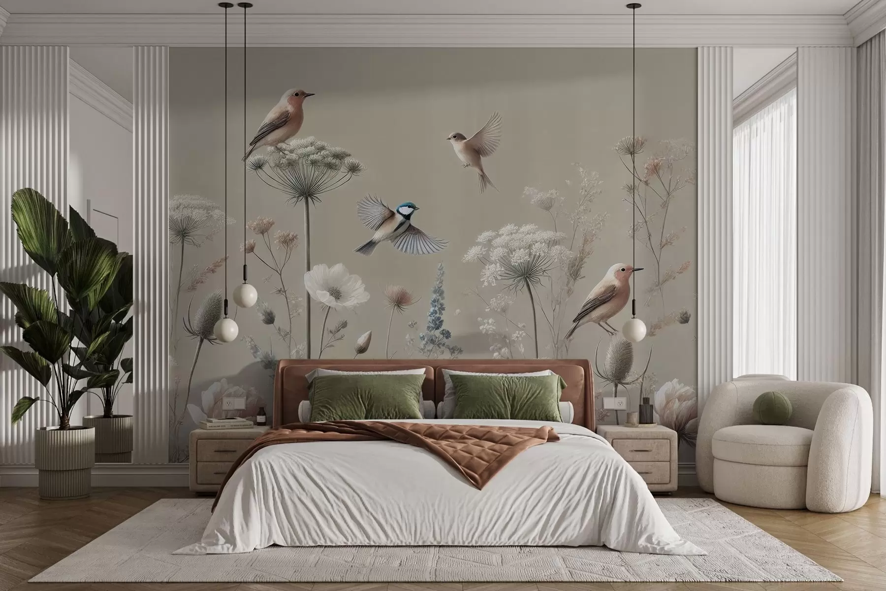 wall murals Нежно дивље цвеће са птицама на беж позадини w01958