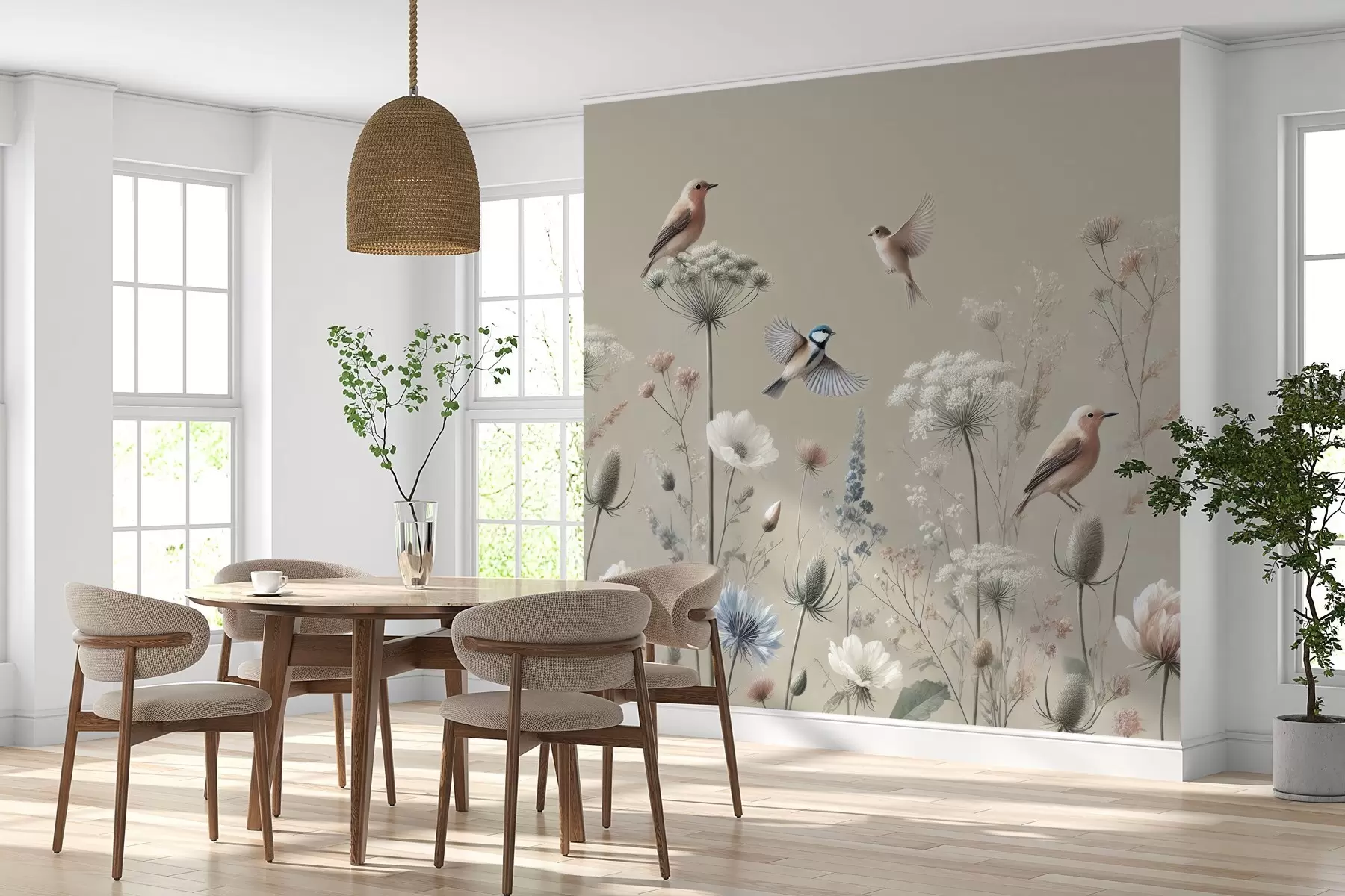 wall murals Нежно дивље цвеће са птицама на беж позадини w01958