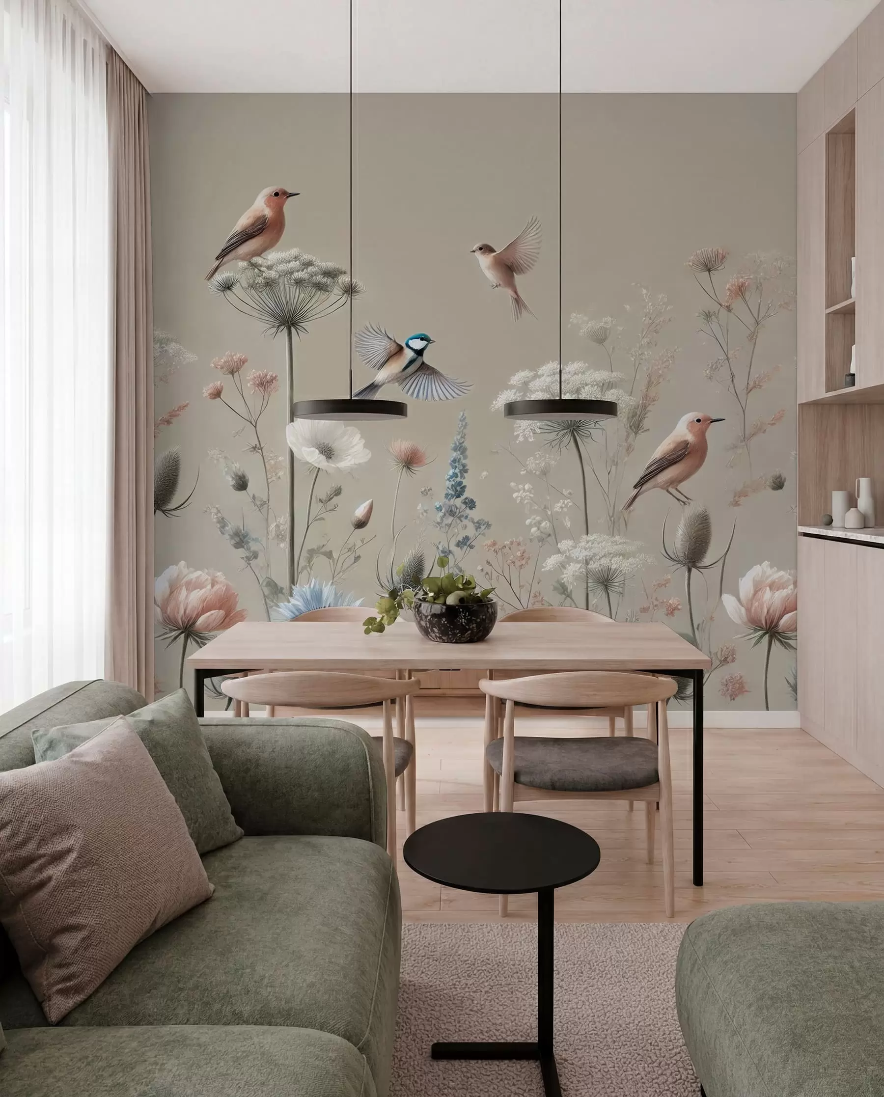 wall murals Нежно дивље цвеће са птицама на беж позадини w01958