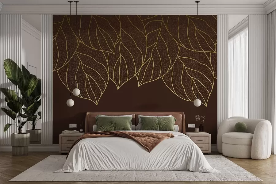 wall murals Минималистичке тапете силуете великих жутих листова са венама на чоколадној позадини  w01960v2