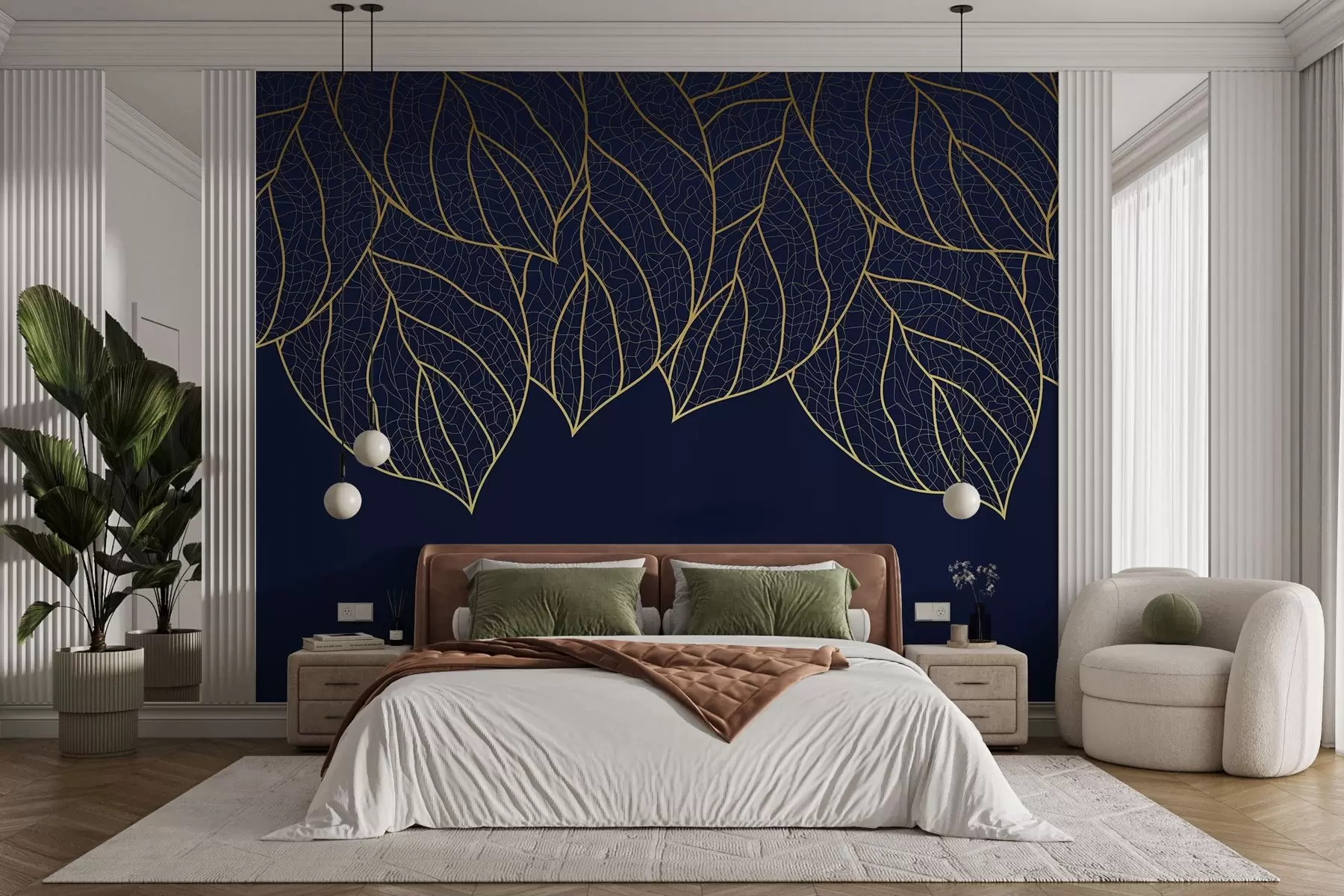 wall murals Минималистичке тапете силуете великих жутих листова са венама на плавој позадини  w01960v3