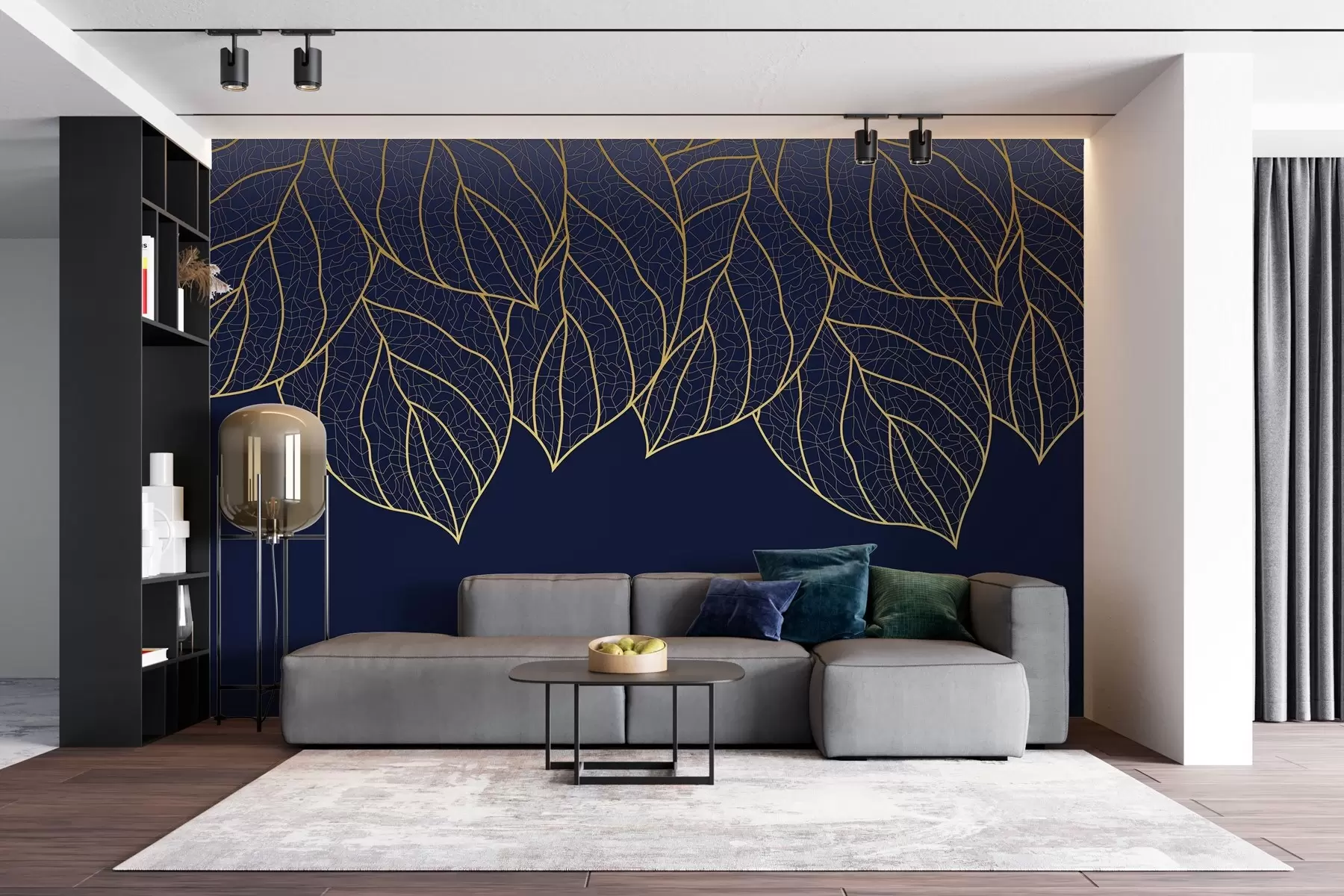wall murals Минималистичке тапете силуете великих жутих листова са венама на плавој позадини  w01960v3