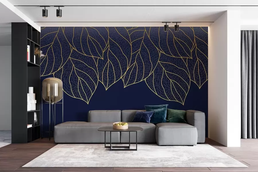 wall murals Минималистичке тапете силуете великих жутих листова са венама на плавој позадини  w01960v3
