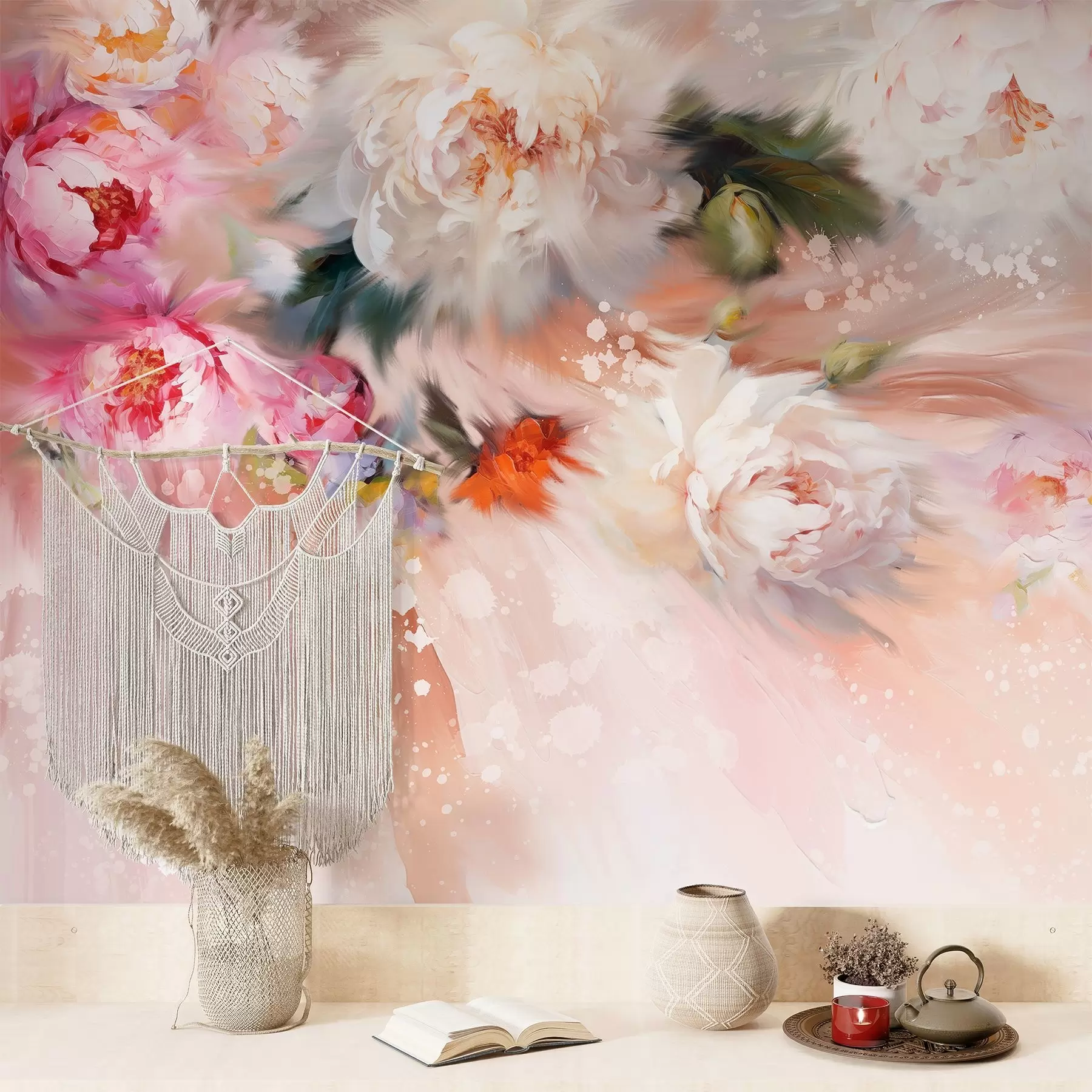 wall murals Акрилни божури, потези четкице, цветни, нежне пастелне боје w02021