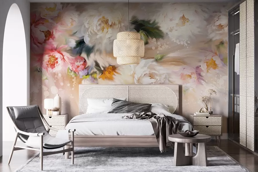 wall murals Акрилни божури, потези четкице, цветне, нежне пастелне беж боје w02021v2