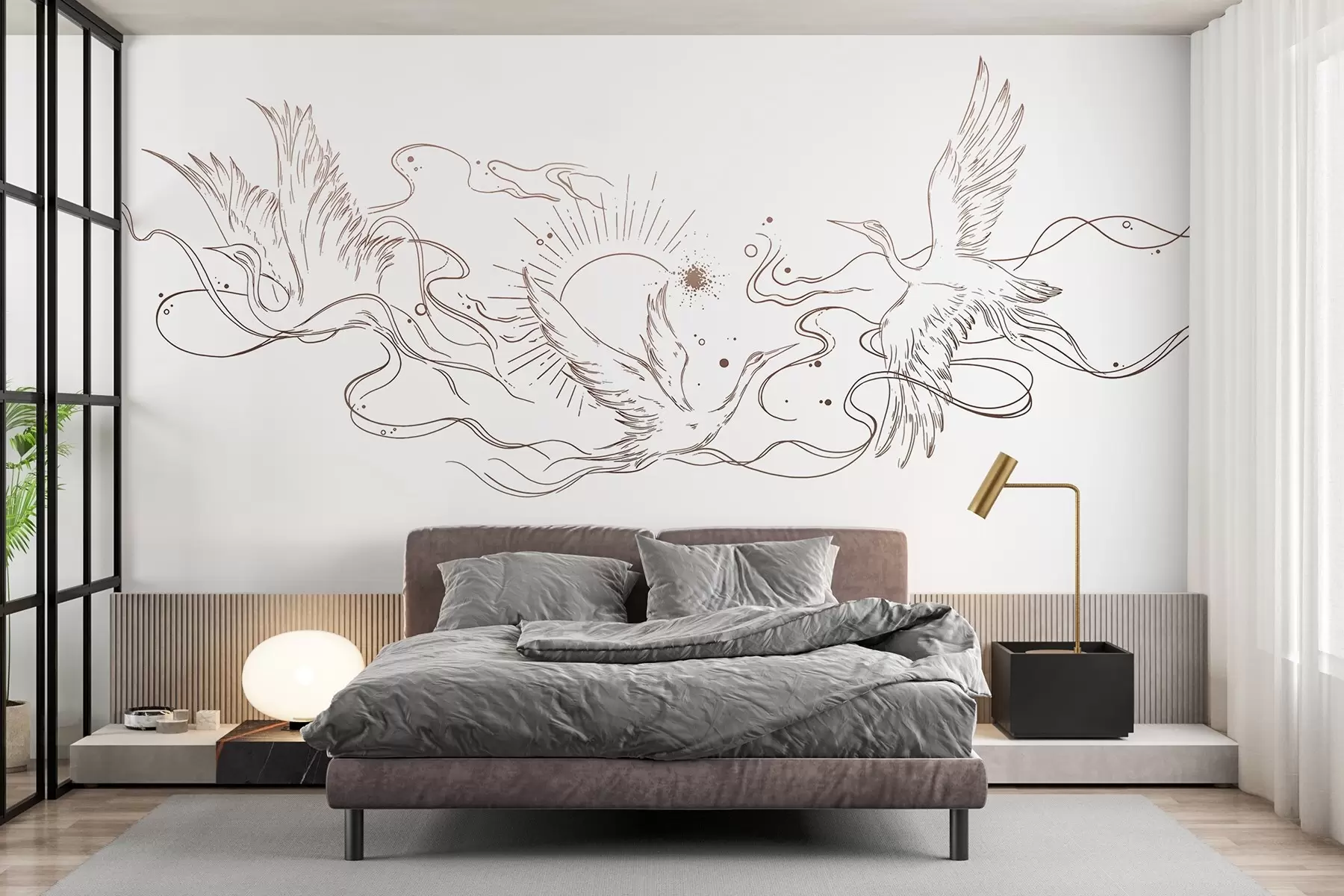 wall murals Птице које лете, цртање линија, минимализам, палета беж боја w02022