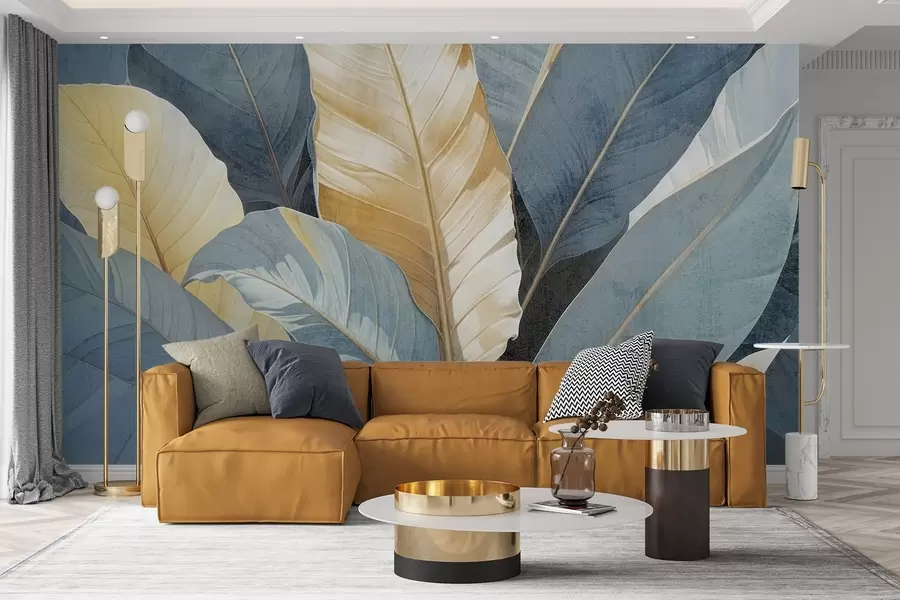 wall murals Поглед изблиза на велико бујно, текстурирано декоративно тропско лишће у нијансама плаве, зелене и жуте w08373