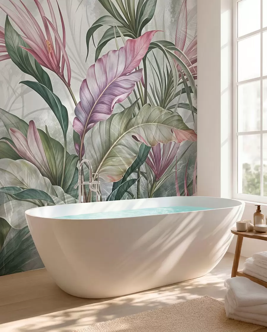 wall murals Lišće u ružičastom i zelenom w08375
