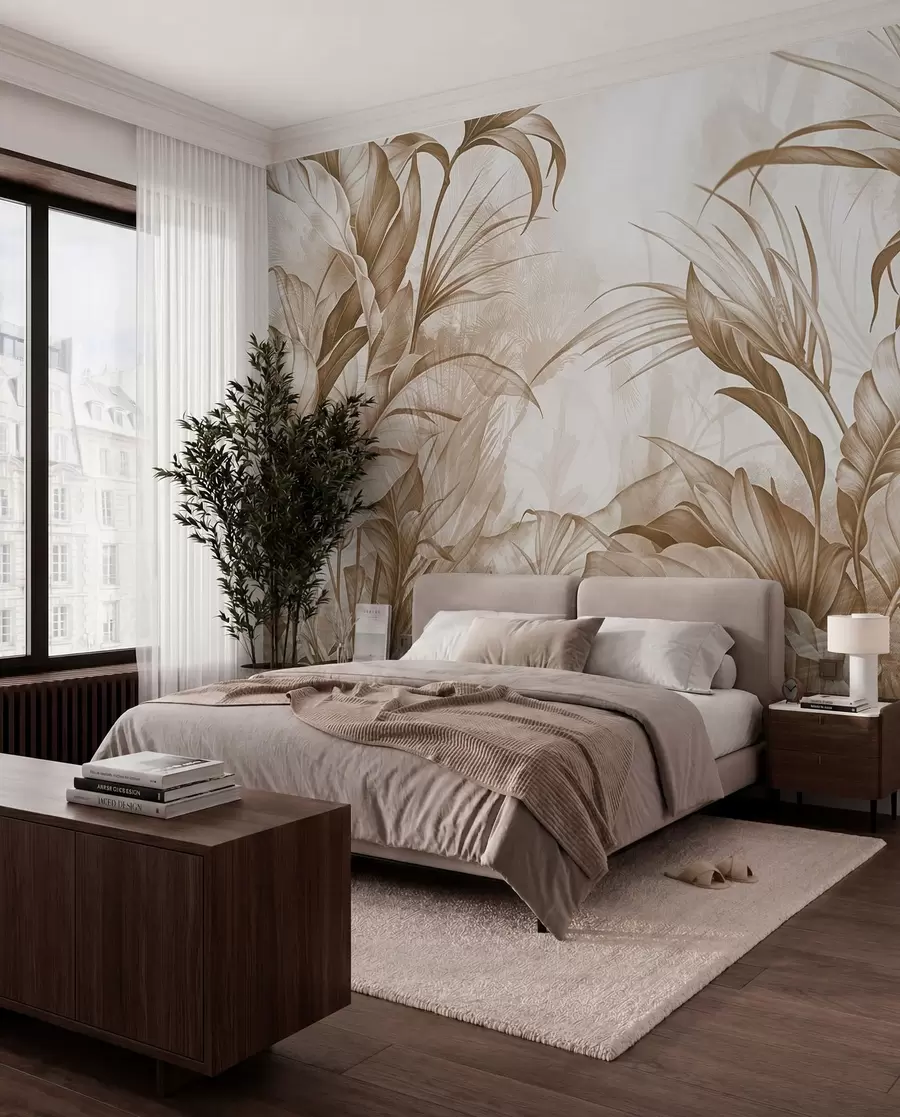wall murals Тропска џунгла са великим смеђим и беж цветовима протеје са замућеном текстурираном позадином w08375v2