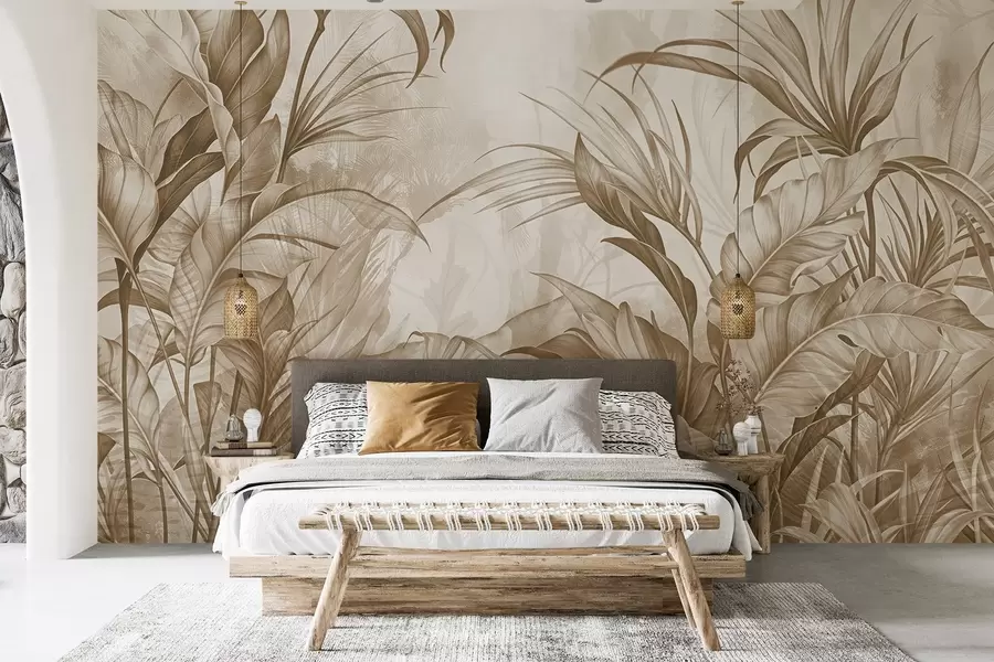 wall murals Тропска џунгла са великим смеђим и беж цветовима протеје са замућеном текстурираном позадином w08375v2