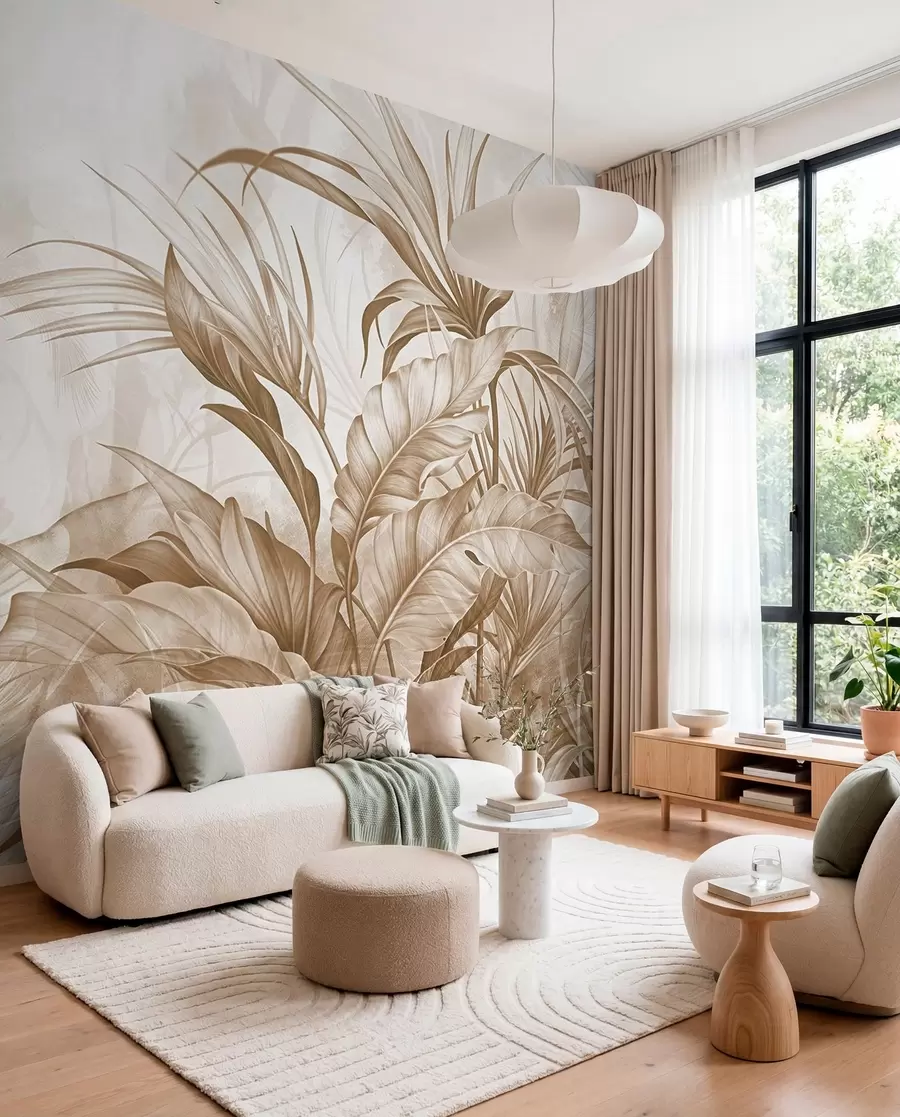 wall murals Тропска џунгла са великим смеђим и беж цветовима протеје са замућеном текстурираном позадином w08375v2