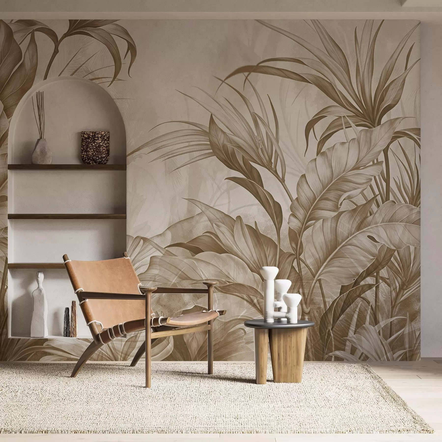 wall murals Тропска џунгла са великим смеђим и беж цветовима протеје са замућеном текстурираном позадином w08375v2