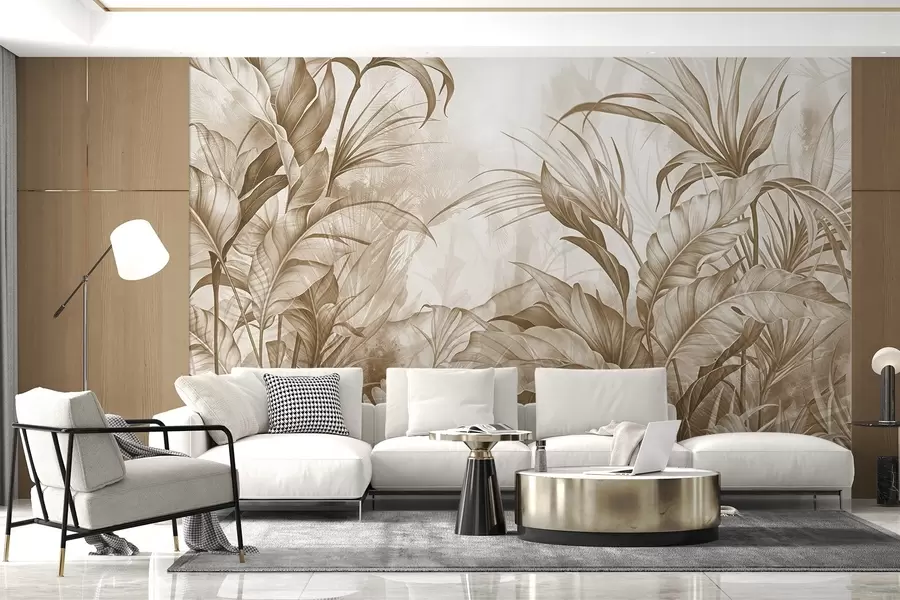 wall murals Тропска џунгла са великим смеђим и беж цветовима протеје са замућеном текстурираном позадином w08375v2