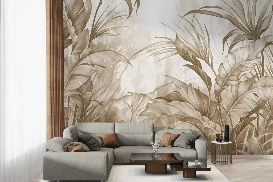 wall murals Тропска џунгла са великим смеђим и беж цветовима протеје са замућеном текстурираном позадином w08375v2