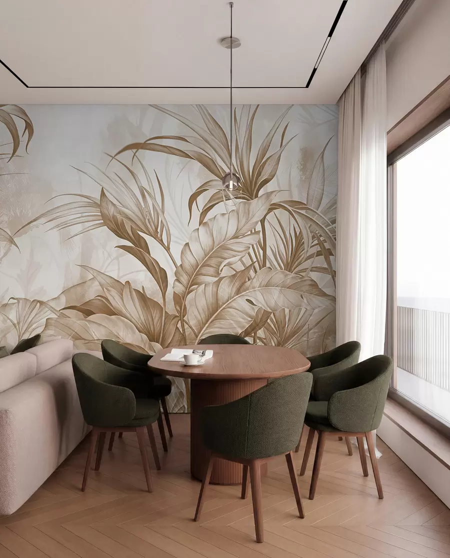 wall murals Тропска џунгла са великим смеђим и беж цветовима протеје са замућеном текстурираном позадином w08375v2