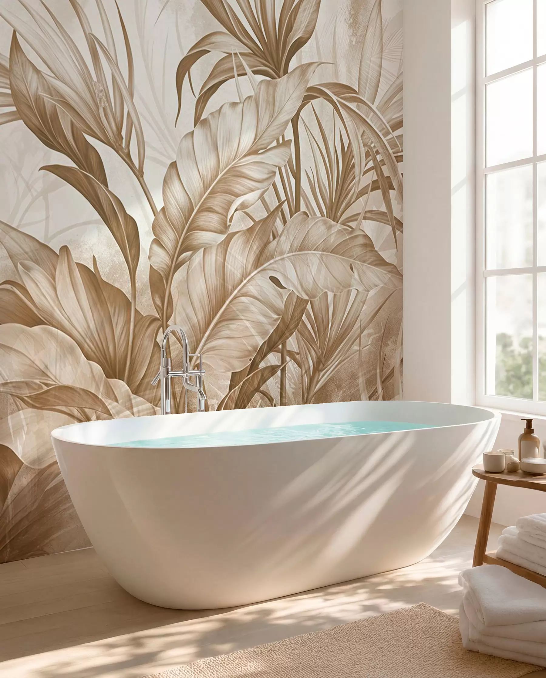 wall murals Тропска џунгла са великим смеђим и беж цветовима протеје са замућеном текстурираном позадином w08375v2