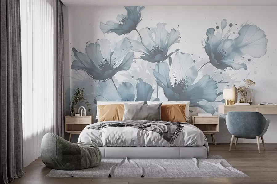 wall murals Деликатно плаво цвеће са меким, замућеним латицама и прскањем акварела на светлој позадини w08376
