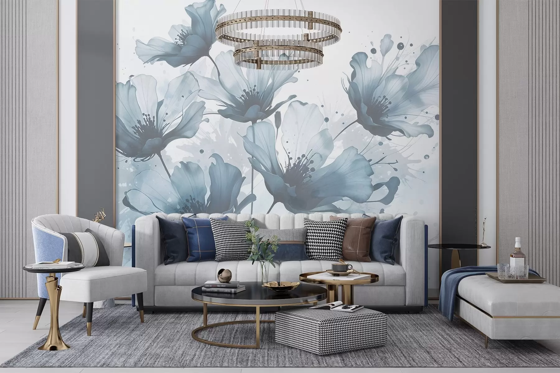 wall murals Деликатно плаво цвеће са меким, замућеним латицама и прскањем акварела на светлој позадини w08376