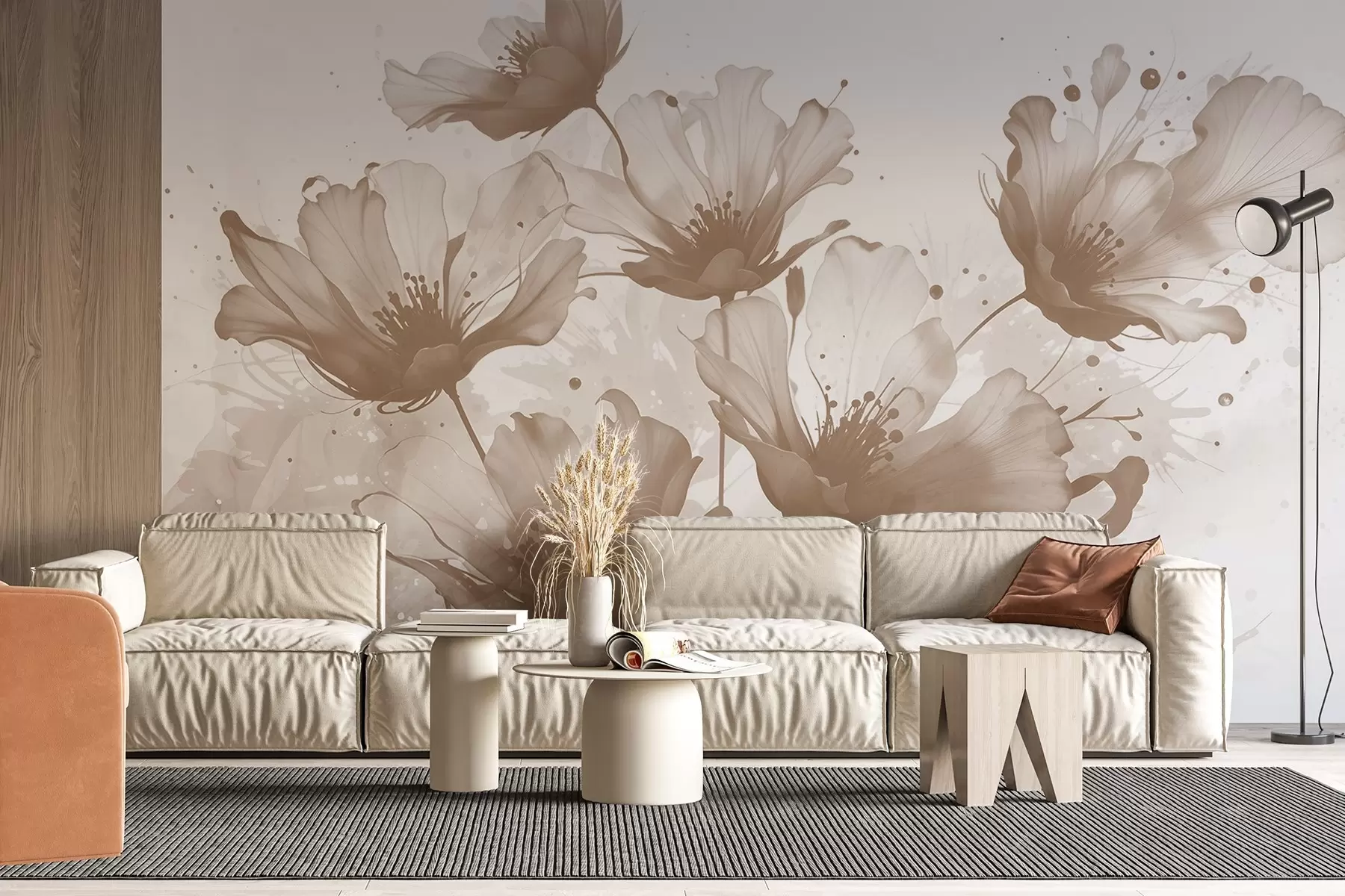 wall murals Нежно смеђе цвеће са меким, замућеним латицама и прскањем акварела на светлој позадини w08376v1