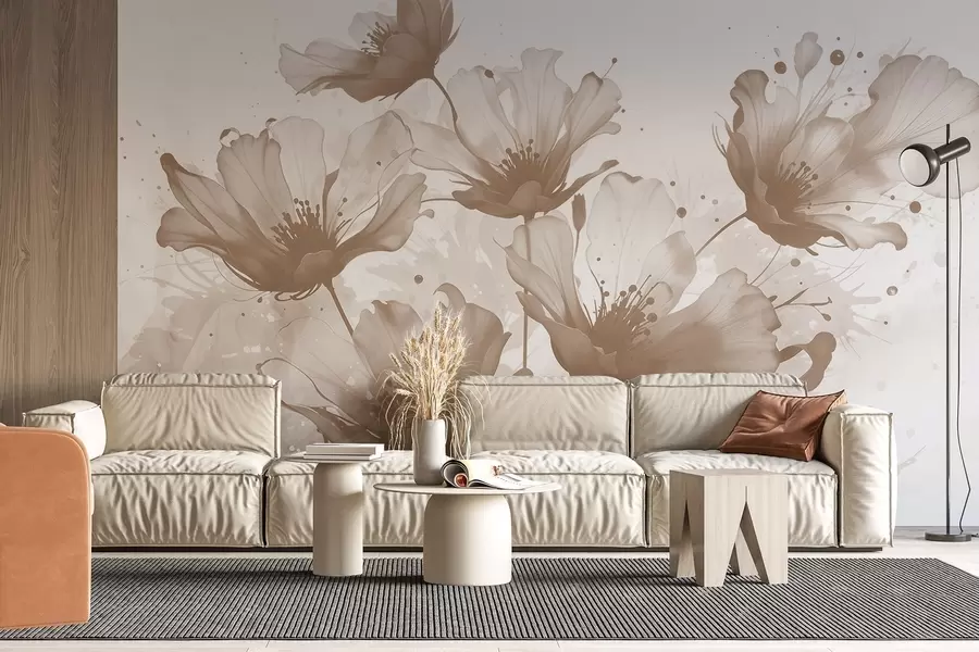 wall murals Нежно смеђе цвеће са меким, замућеним латицама и прскањем акварела на светлој позадини w08376v1