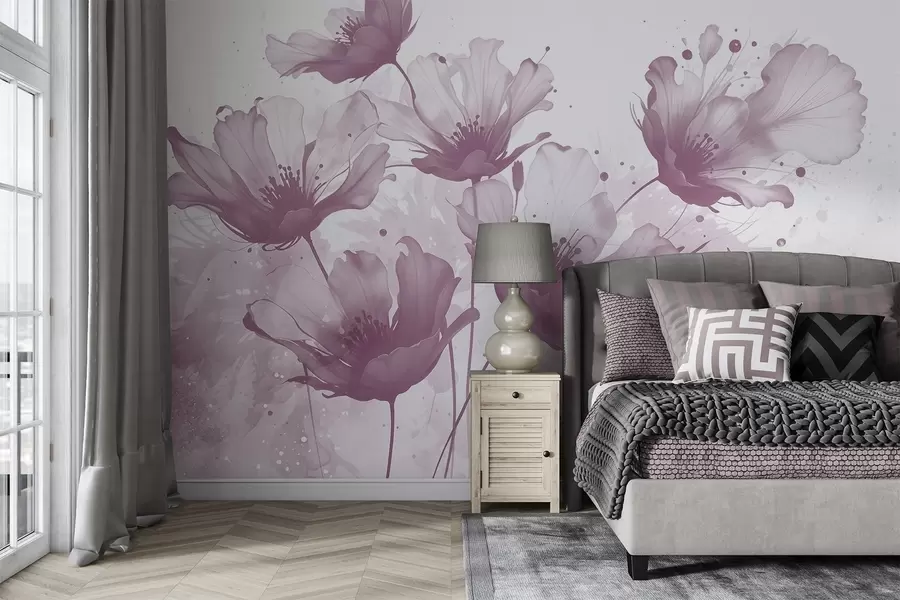 wall murals Нежно ружичасто цвеће са меким, замућеним латицама и прскањем акварела на светлој позадини w08376v2