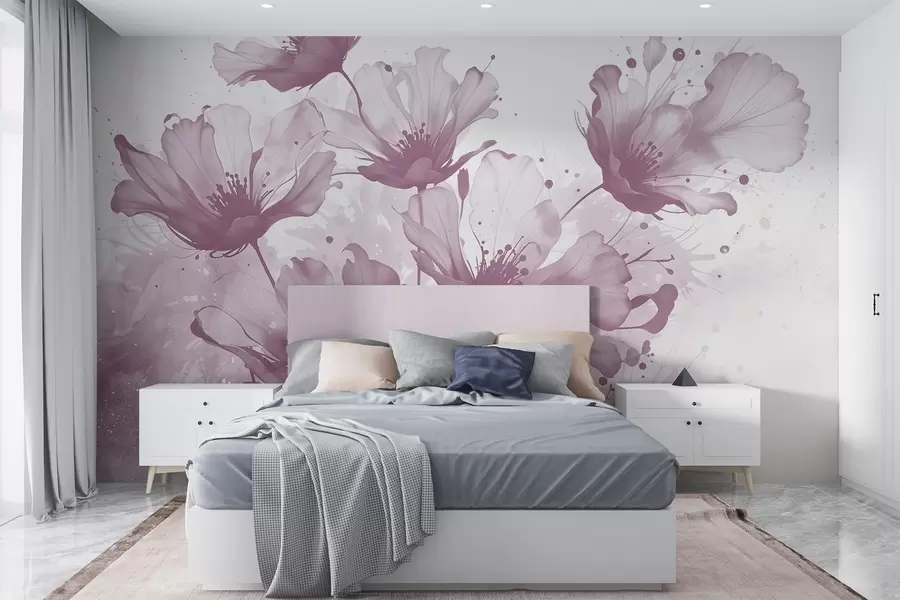 wall murals Нежно ружичасто цвеће са меким, замућеним латицама и прскањем акварела на светлој позадини w08376v2