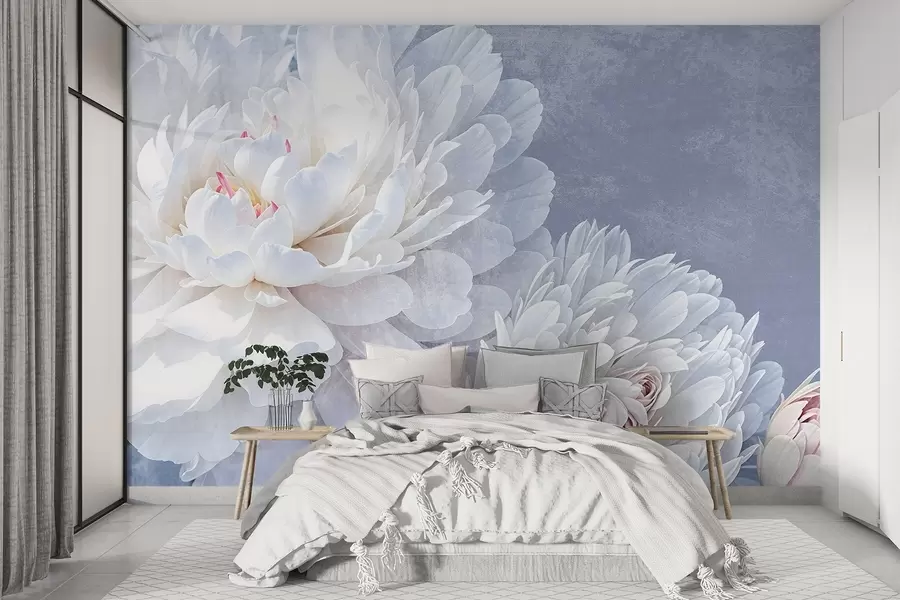 wall murals Цветови белих божура са детаљима са меким, деликатним латицама на светлој пастелно плавој текстурираној позадини w08379