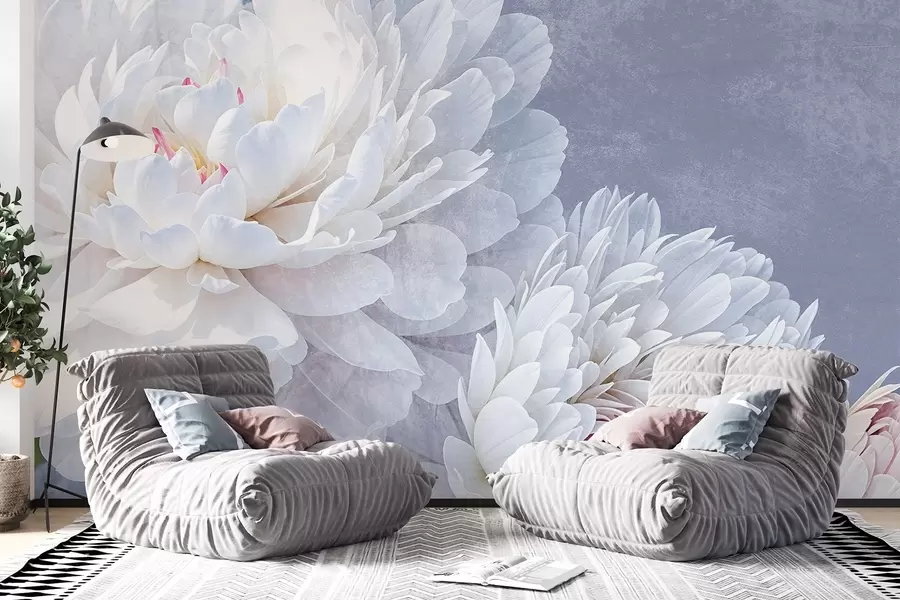 wall murals Цветови белих божура са детаљима са меким, деликатним латицама на светлој пастелно плавој текстурираној позадини w08379