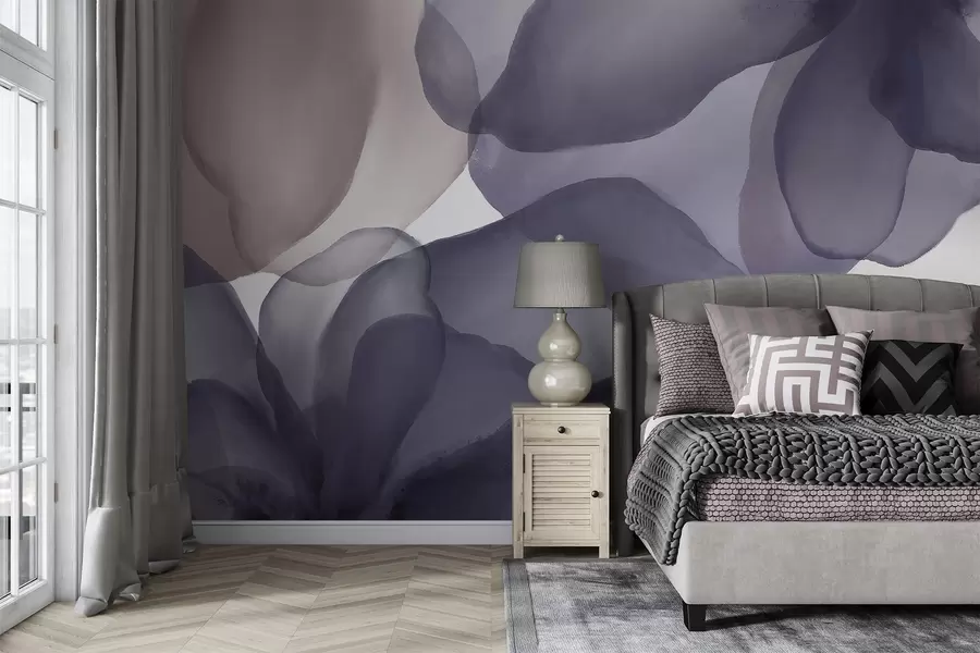 wall murals Апстрактни тамнољубичасти и беж цветни облици, меке и органске форме са осећајем покрета и флуидности w08381