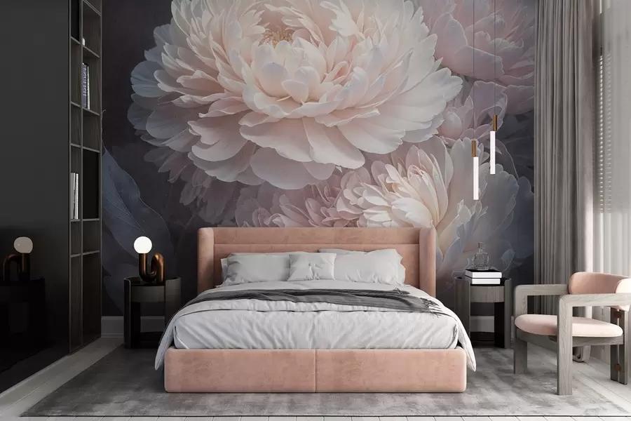 wall murals Крупни план два велика, деликатна ружичаста божура са меким, паперјастим латицама и листовима на замућеној позадини w08382