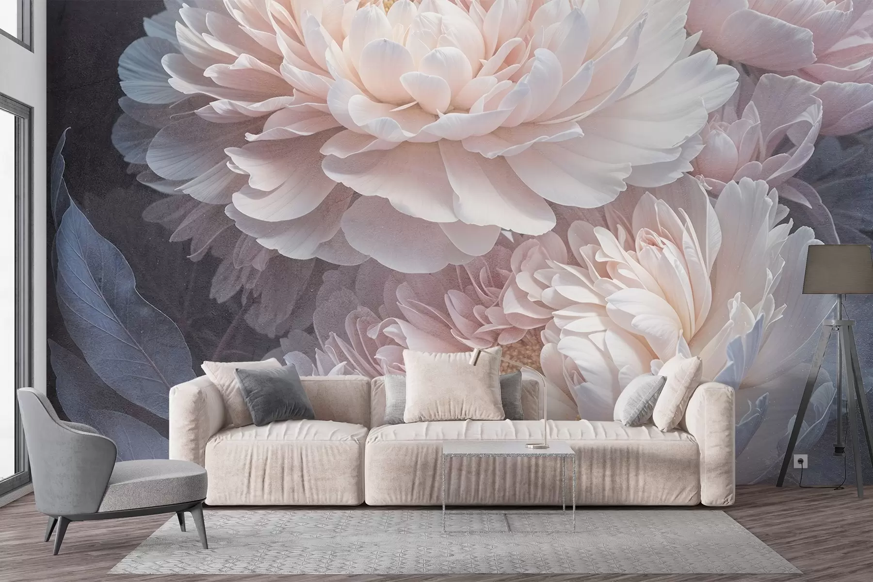 wall murals Крупни план два велика, деликатна ружичаста божура са меким, паперјастим латицама и листовима на замућеној позадини w08382