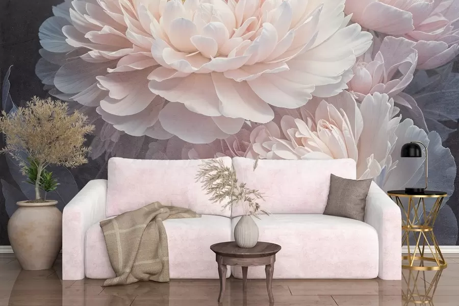 wall murals Крупни план два велика, деликатна ружичаста божура са меким, паперјастим латицама и листовима на замућеној позадини w08382