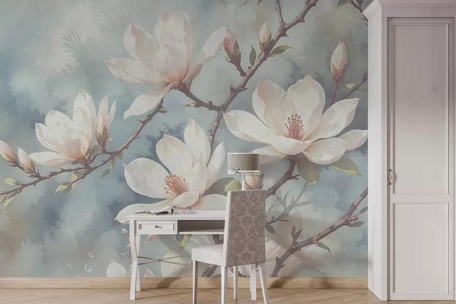 wall murals Цвеће беле магнолије цвета на гранама дрвећа на мекој, замућеној плавој позадини w08383