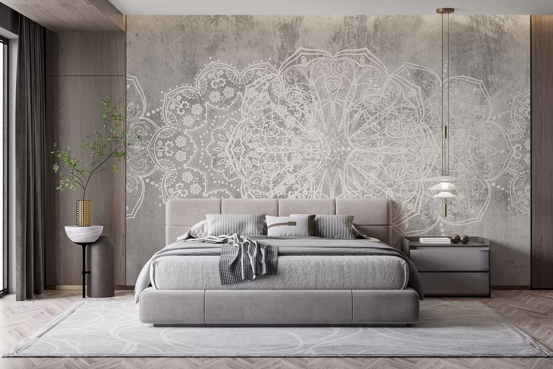 wall murals Детаљан, сложен узорак мандале од беле чипке на текстурираној позадини сивог зида у поткровљу w08387
